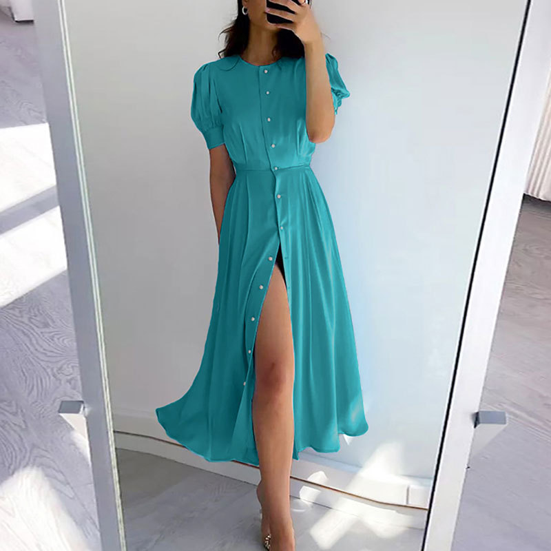 Women's Solid Color Lantern Sleeve Slim Fit Split Dress