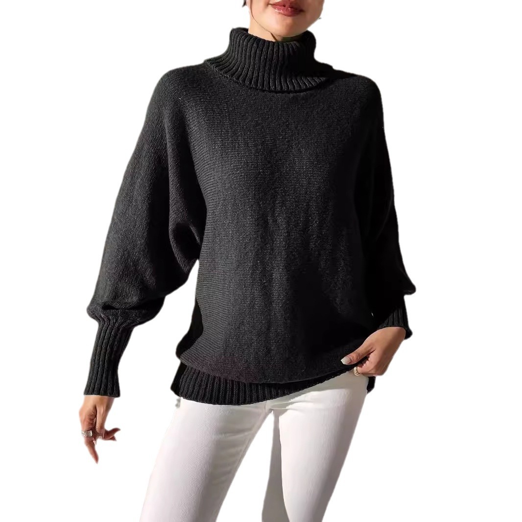 Women's Turtleneck Batwing Sleeve Pullover Sweater Solid Color Minimalist