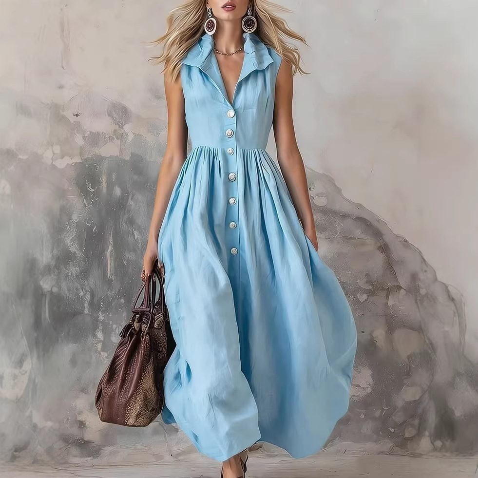 Women's Solid Color Collared Slim Fit Long Dress