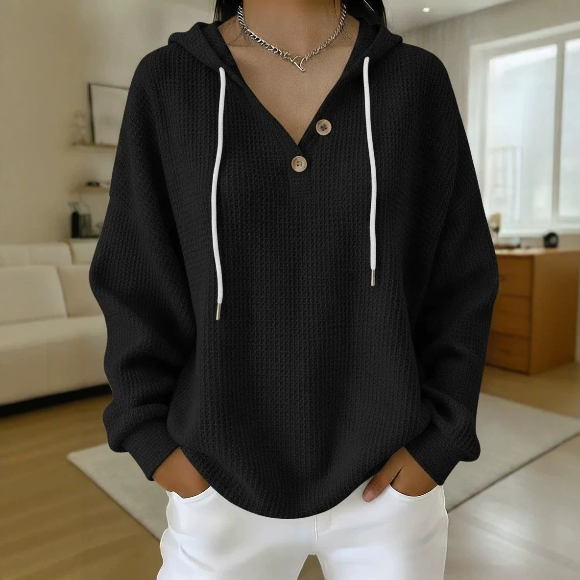 Women's Waffle Knit Drawstring Hoodie Oversized Pullover