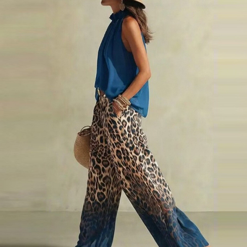 Blue Halter Sleeveless Chiffon Top and Leopard Gradient Wide-Leg Pants Set