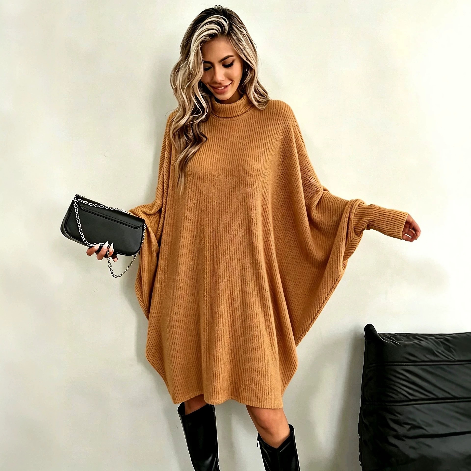 Elegant Loose Batwing Sleeve Turtleneck Long Sleeve Dress Gray Cape Coat