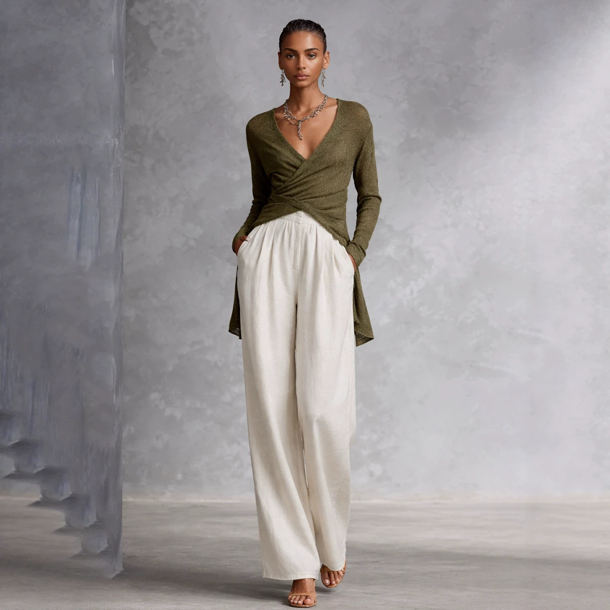 Women's Long Sleeve V-Neck Cross Waist Top and Pants Set