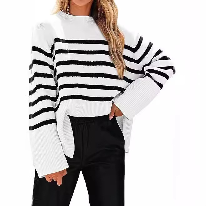 Striped Loose Puff Sleeve Knit Sweater