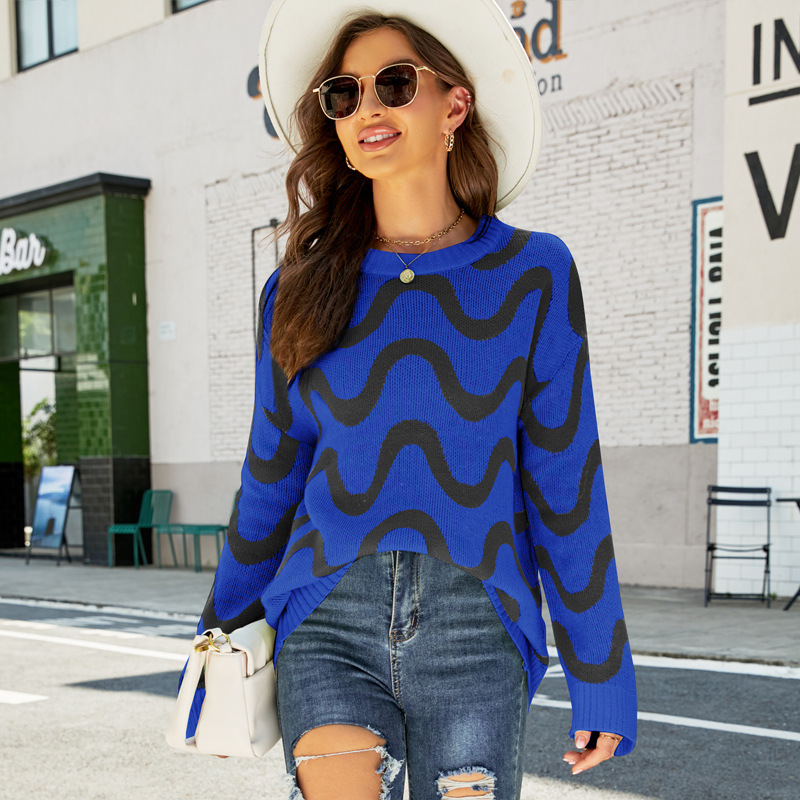 Women's Loose Fit Pullover Sweater Long Sleeve Round Neck Wavy Jacquard Color Block Knit Top
