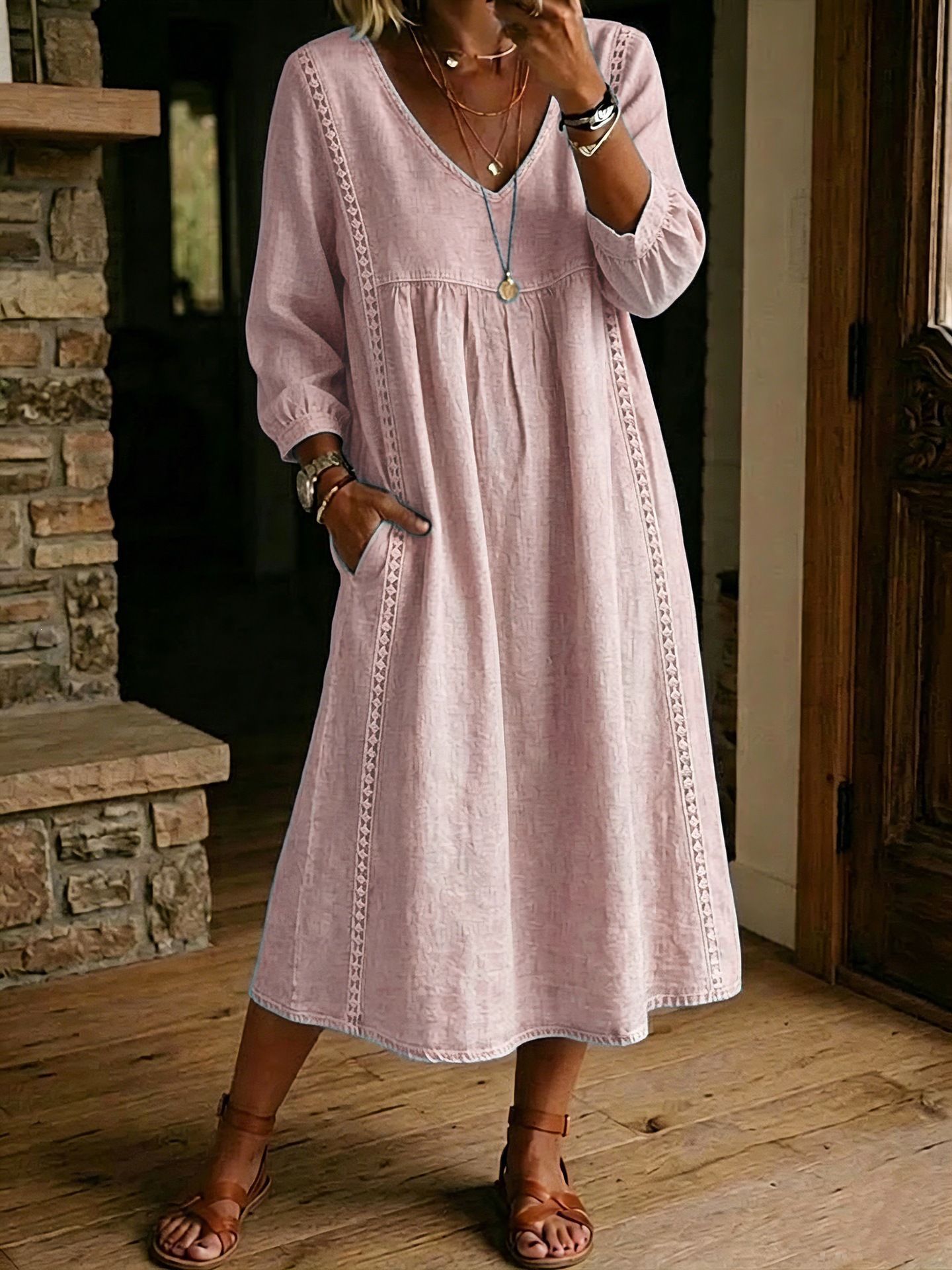 Solid V-Neck Lace-Trim A-Line Midi Dress