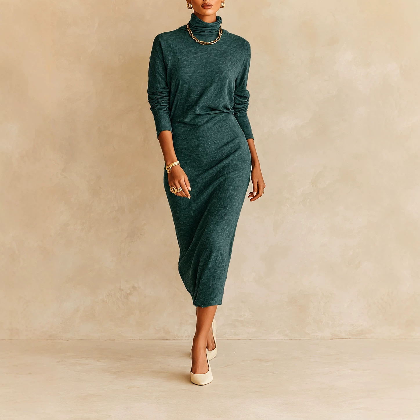 Women's Turtleneck Solid Bodycon Midi Dress Slim Fit Elegant