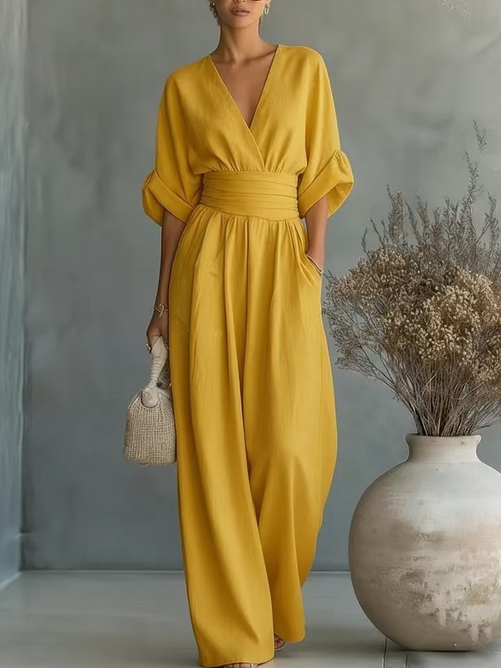 Elegant V-Neck Cinched Waist Wide-Leg Jumpsuit