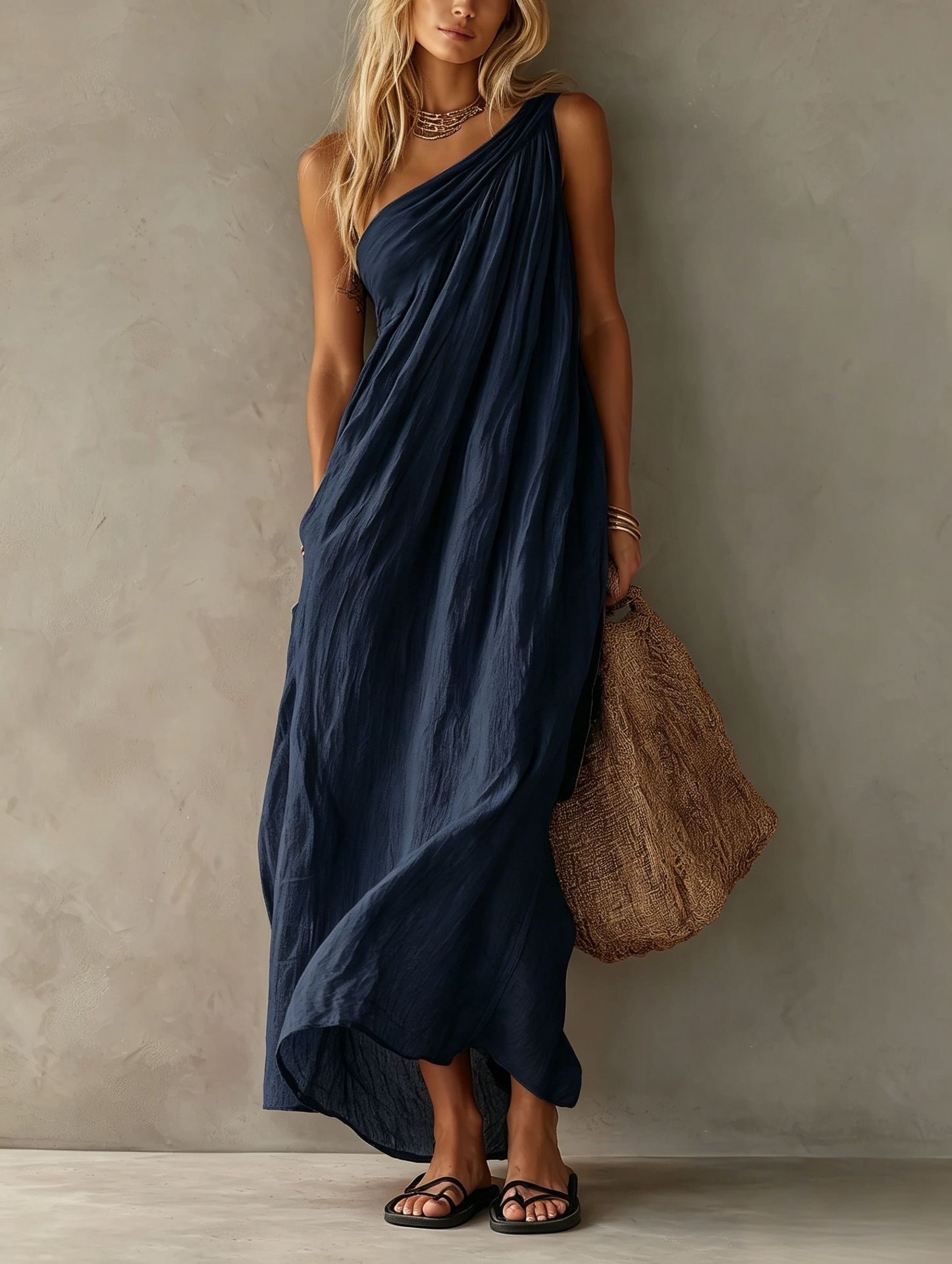 2026 Amazon Cross-Border Women's One-Shoulder Ruched Dress Loose Slimming Solid Color Beach Vacation Long Dress