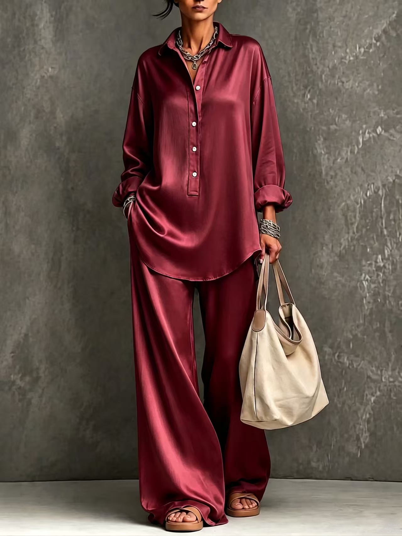 Women's Solid Color Collared Button Long Sleeve Shirt & Wide Leg Pants Set