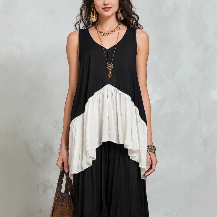 Retro Color-Block V-Neck Sleeveless Top and Flared Maxi Skirt Two-Piece Set