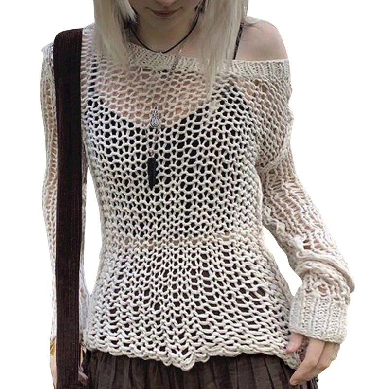 Women's Lightweight Fishnet Knit Top – Loose Batwing Sleeve V-Neck Pullover
