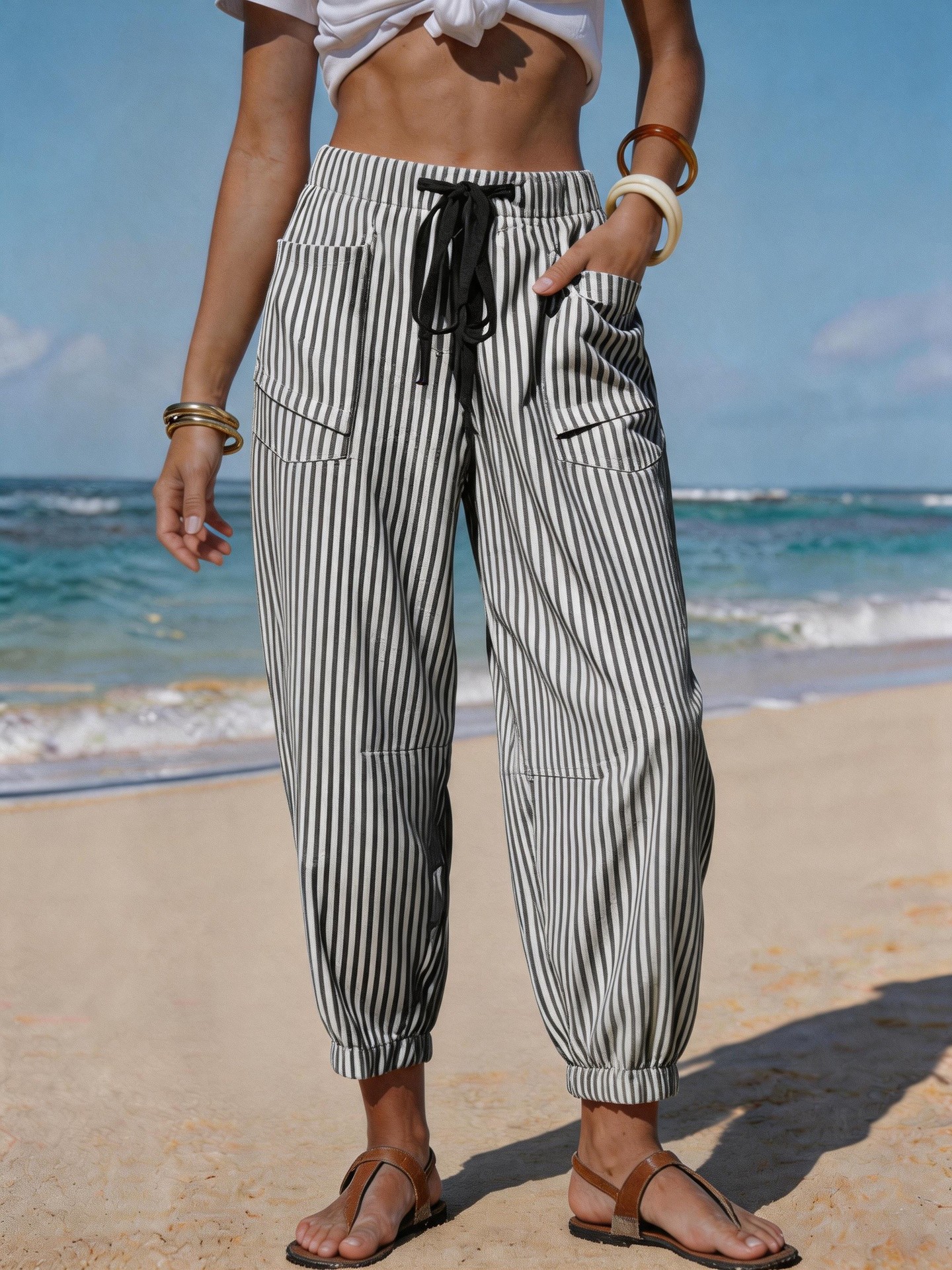 Women's Striped Linen-Like Cropped Pants with Drawstring and Pockets