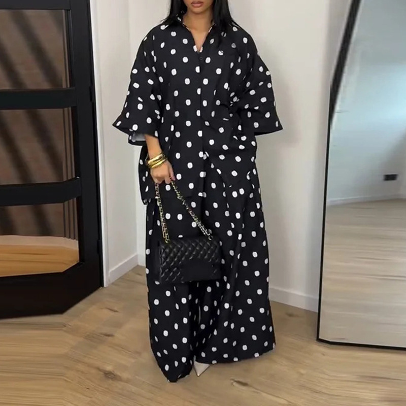 Women's Retro Polka Dot Loose Shirt & Wide-Leg Pants Two-Piece Set