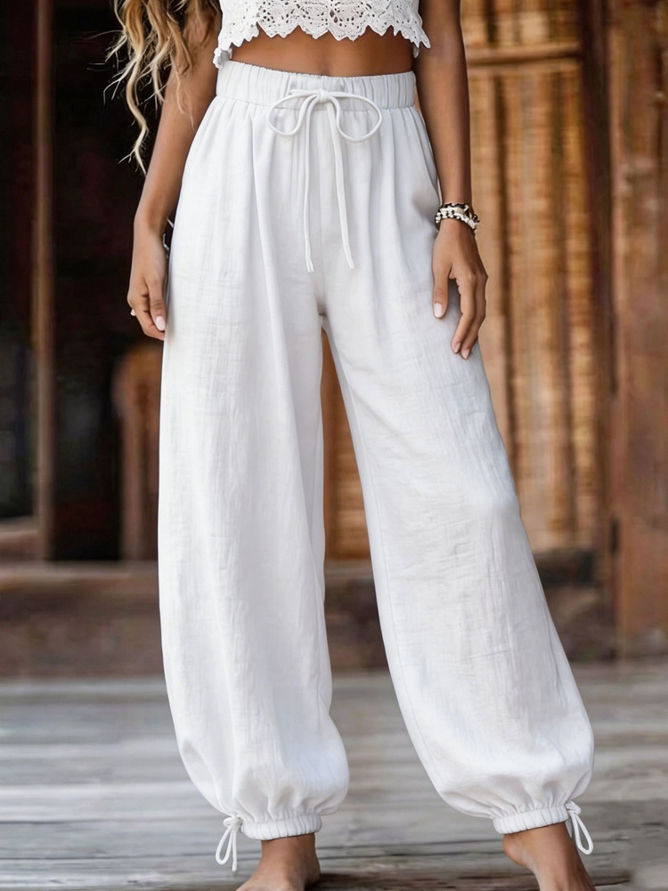 Women's Summer Lightweight Loose Straight-Leg Pants Solid Color High-Waist