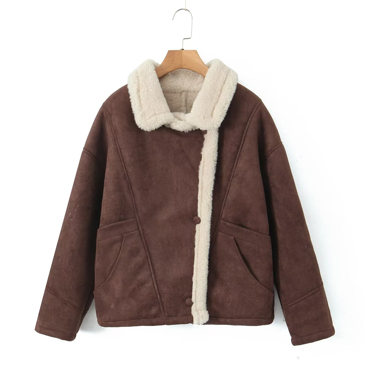 Women's Retro Faux Shearling Coat Round Neck Button Front