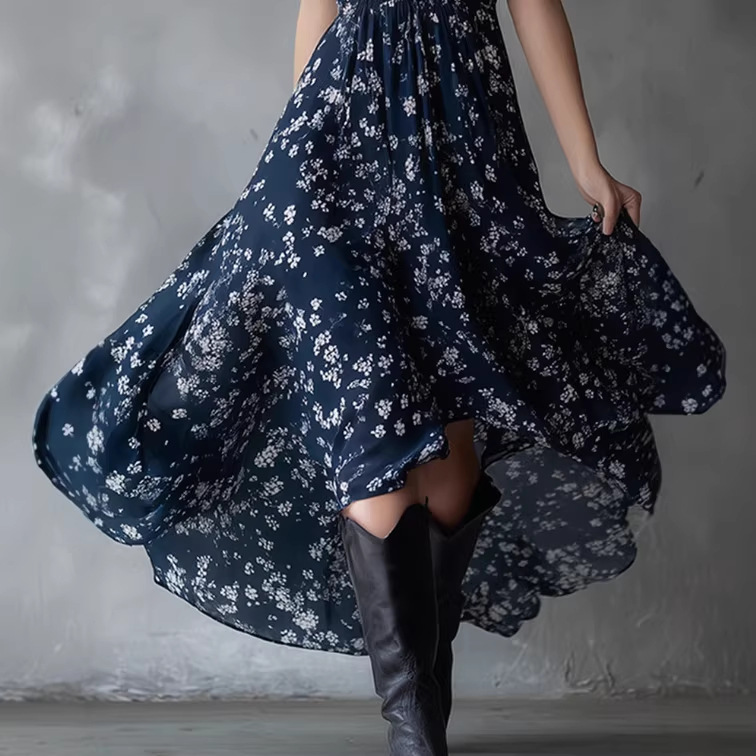 Vintage Floral Print Navy Chiffon Maxi Dress