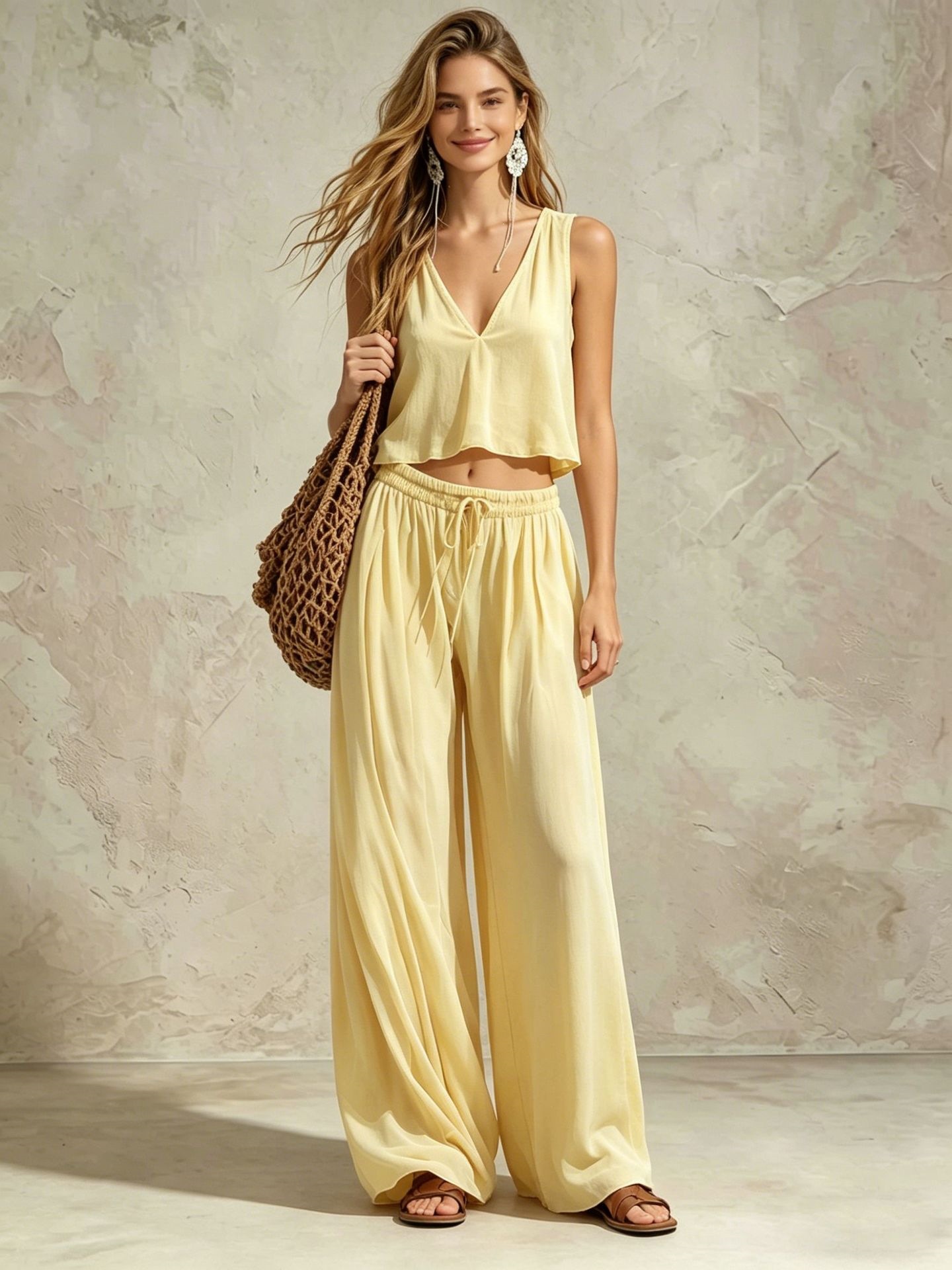 V-Neck Sleeveless Tank Top and Wide-Leg Pants Casual Set