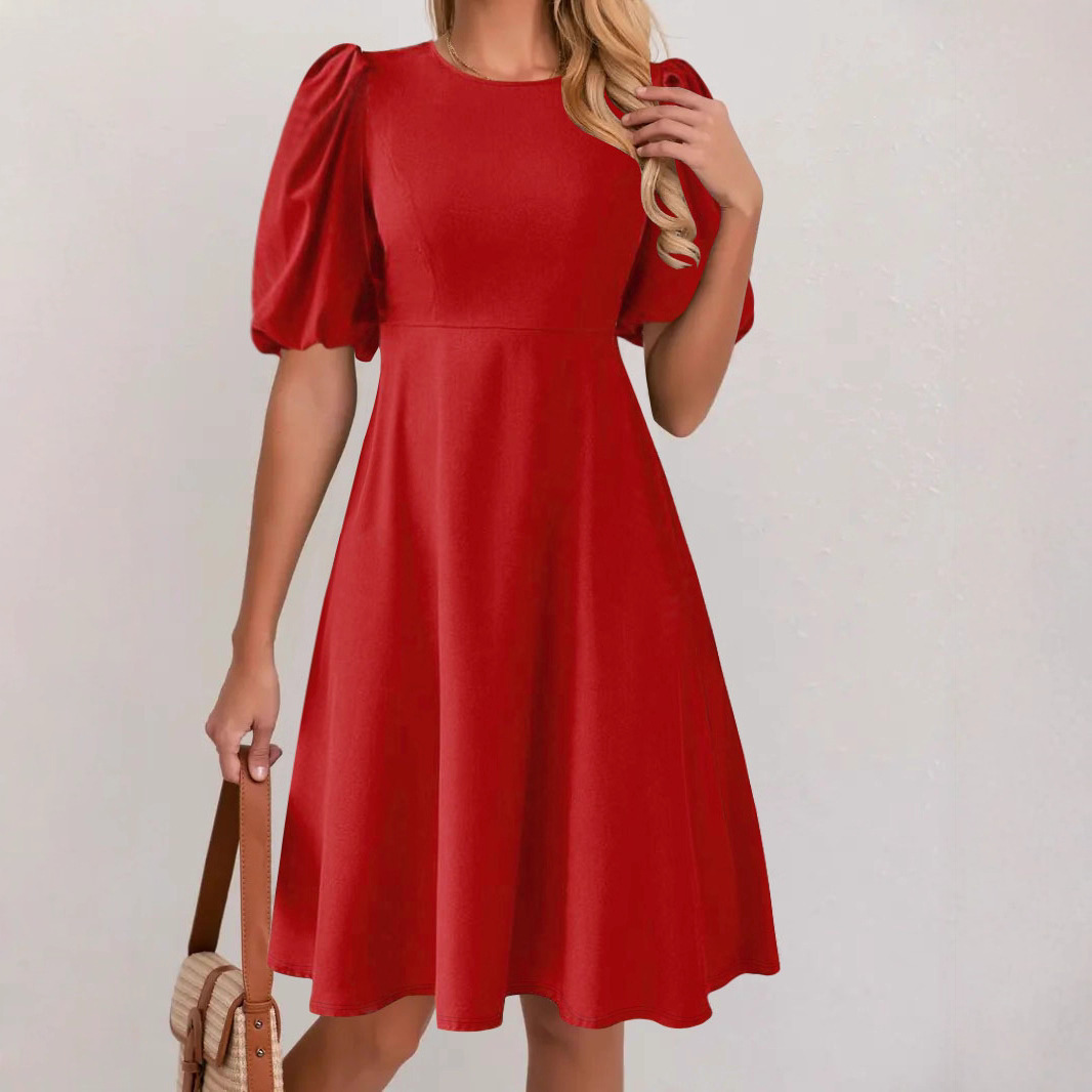 Women's Elegant Solid Color Round Neck Puff Sleeve Dress