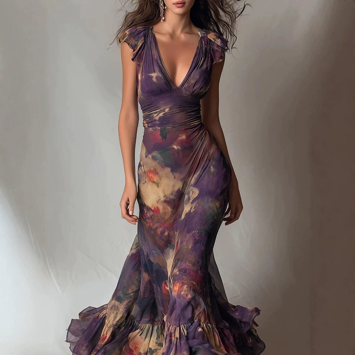 Deep V Ruffled Sleeve Purple Tie-Dye Print Mermaid Maxi Dress