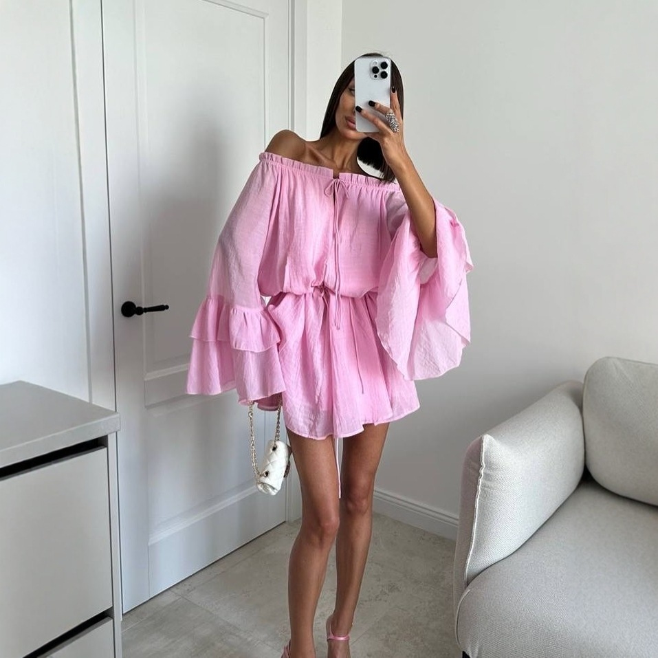 Off-Shoulder Bell-Sleeve Waist-Cinched A-Line Short Dress