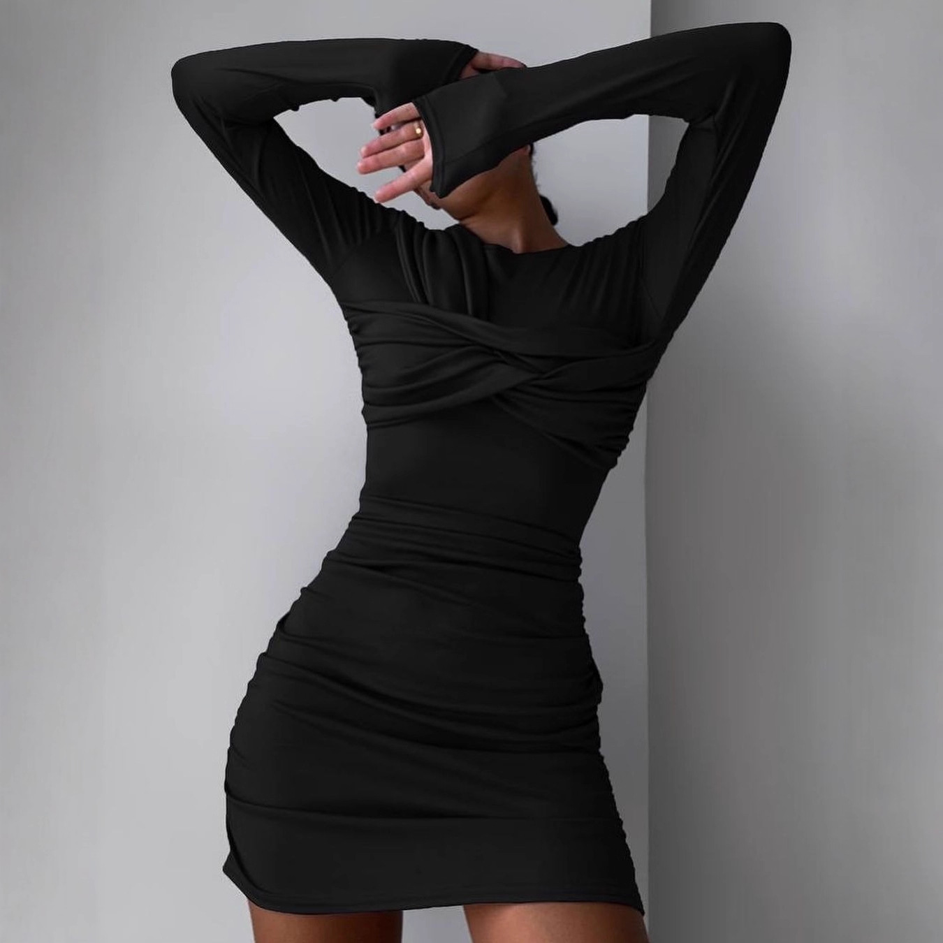 Ruched Long-Sleeve Bodycon Dress Solid Color