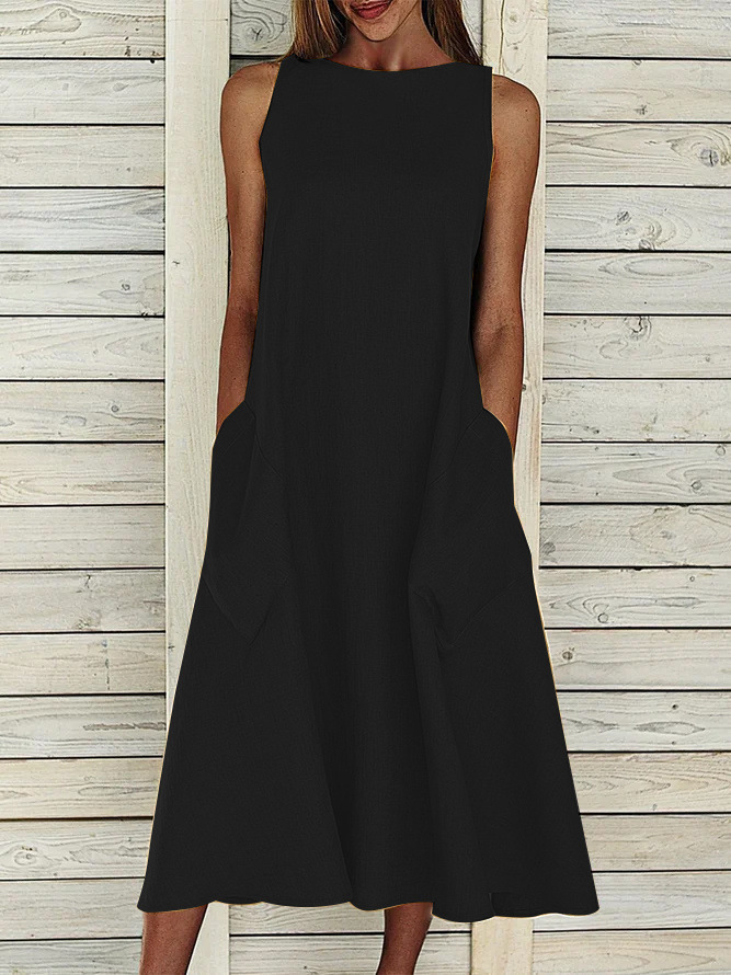 Solid Crewneck Short Sleeve Dress with Patch Pockets