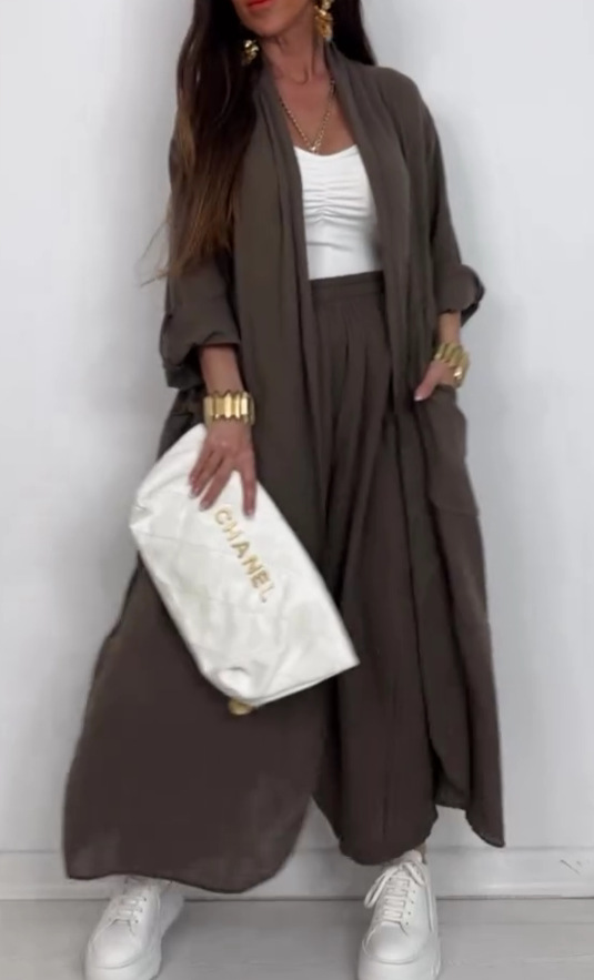 Women's Solid Color Open-Front Long Cardigan Shirt Casual Set