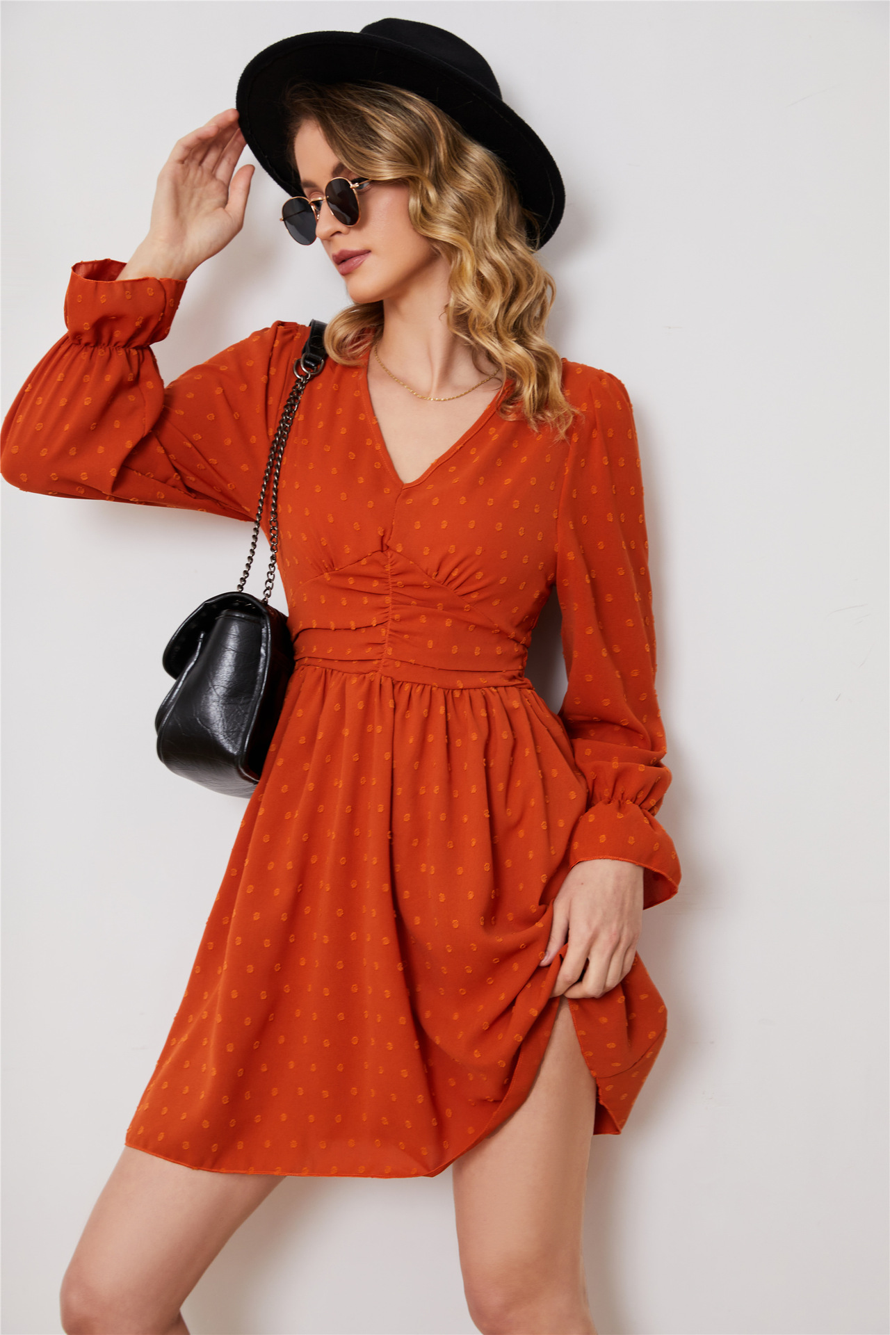 High-Waist V-Neck Chiffon Midi Dress with Polka Dot Print and Flared Sleeves