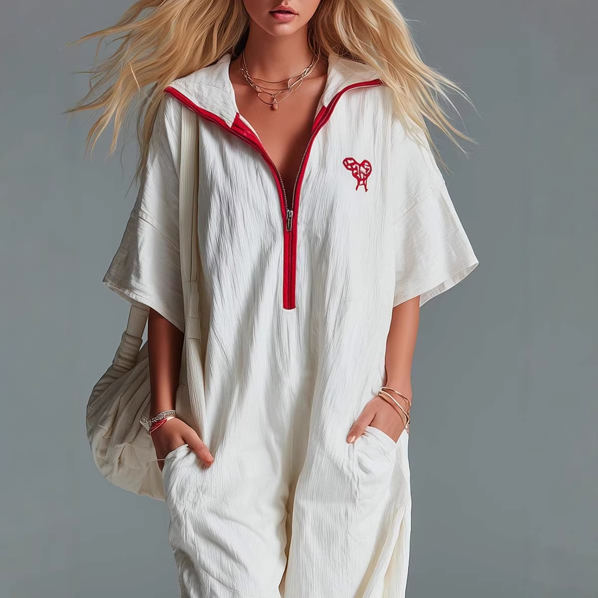Casual Lapel Zip Red Trim Short Sleeve Beige Washed Cotton Jumpsuit