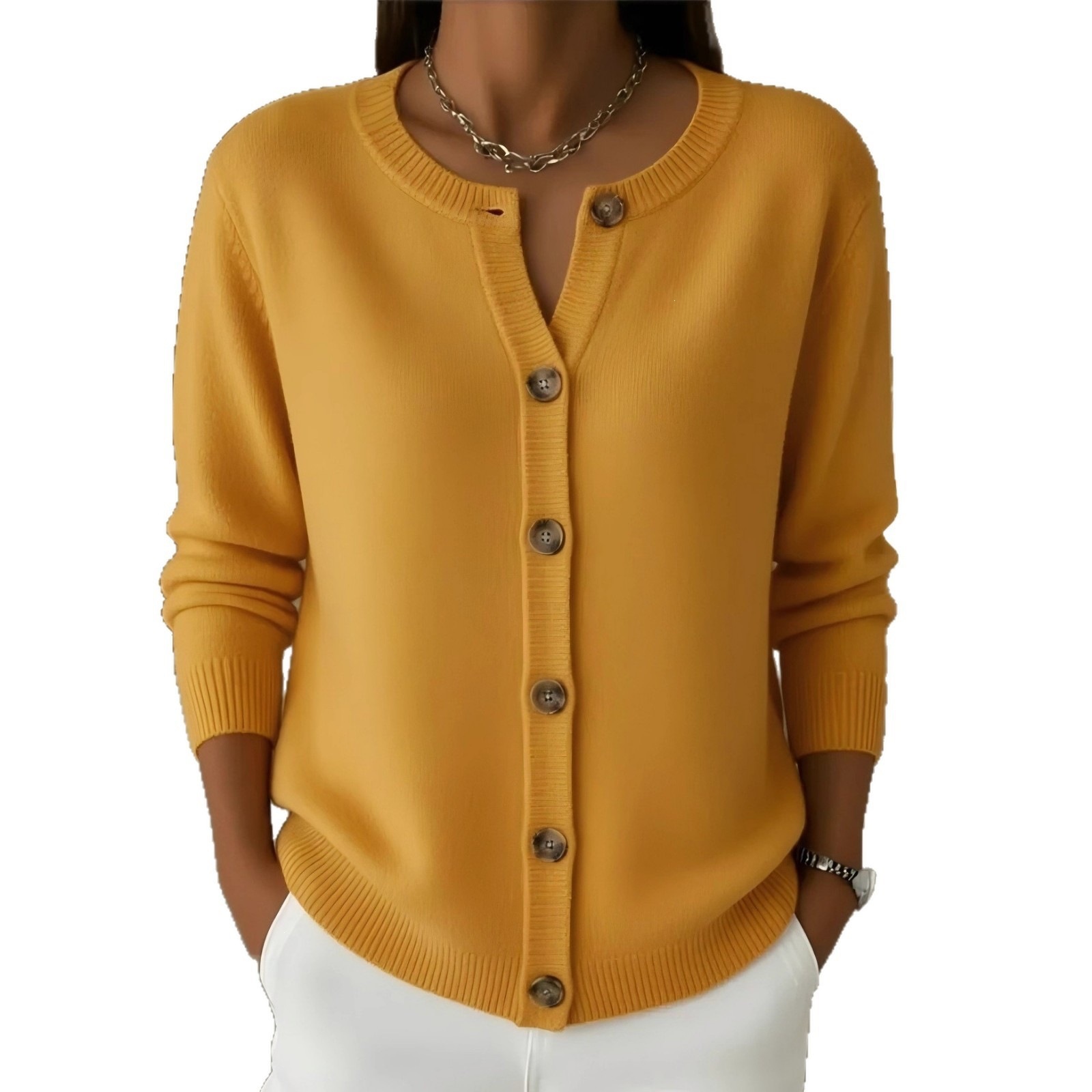 Women's Button-Up Knit Cardigan Crewneck Loose Fit Solid Color