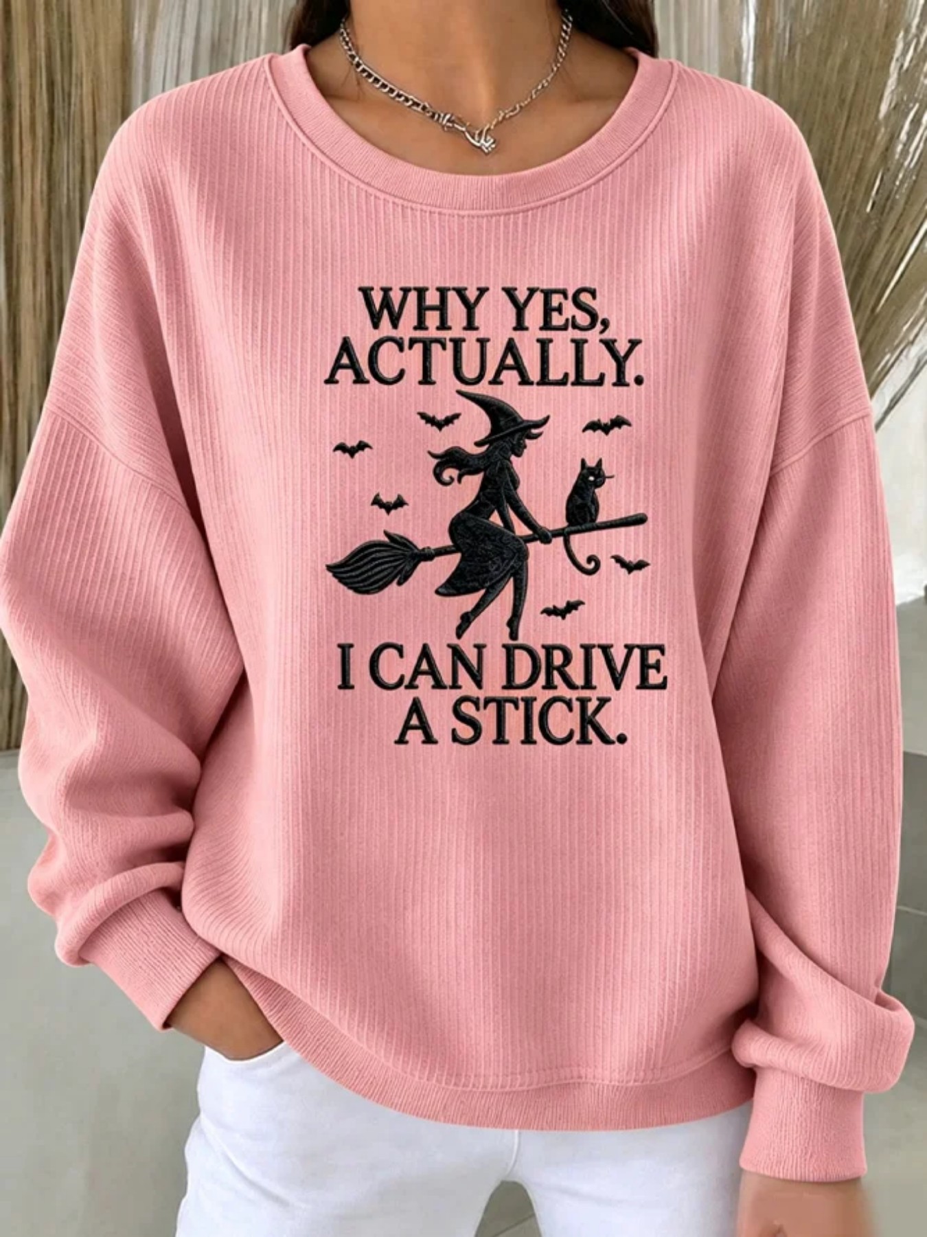 Halloween Witch Broom Print Crewneck Long-Sleeve Pullover Sweatshirt