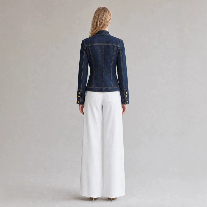 Retro Dark Wash Denim Jacket with Stand Collar
