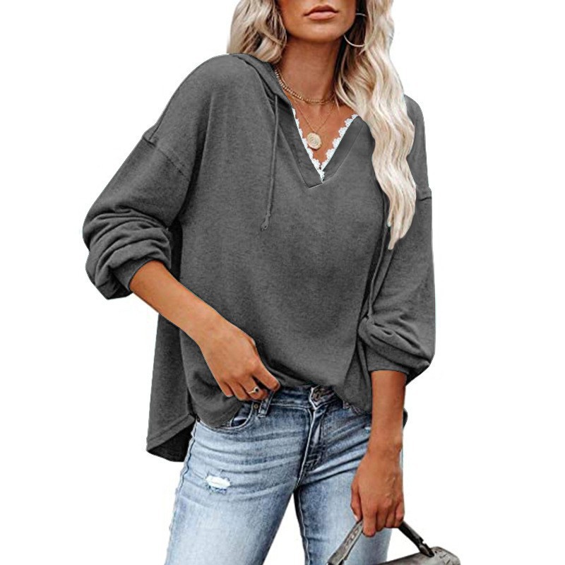 Women's Casual Hooded Lace V-Neck Long Sleeve Sweatshirt