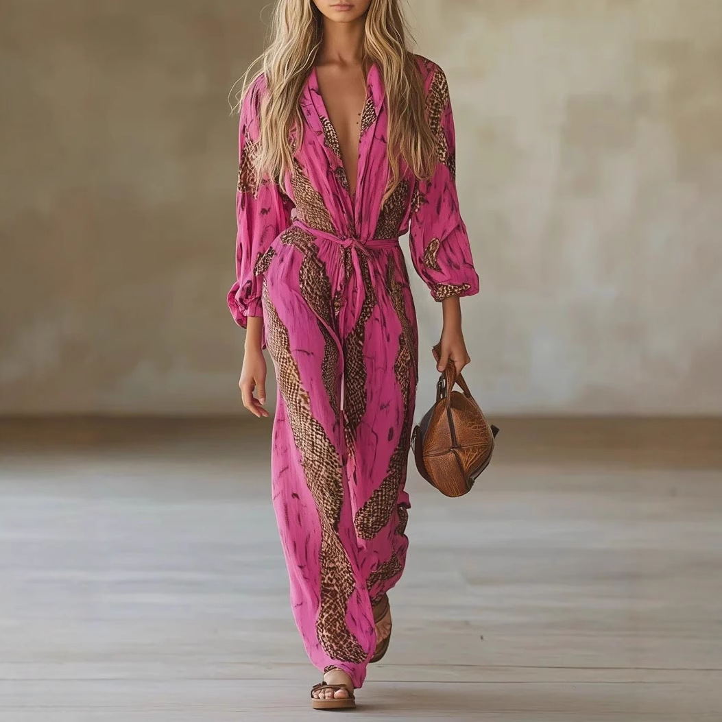 V-Neck Long Sleeve Digital Print Casual Jumpsuit