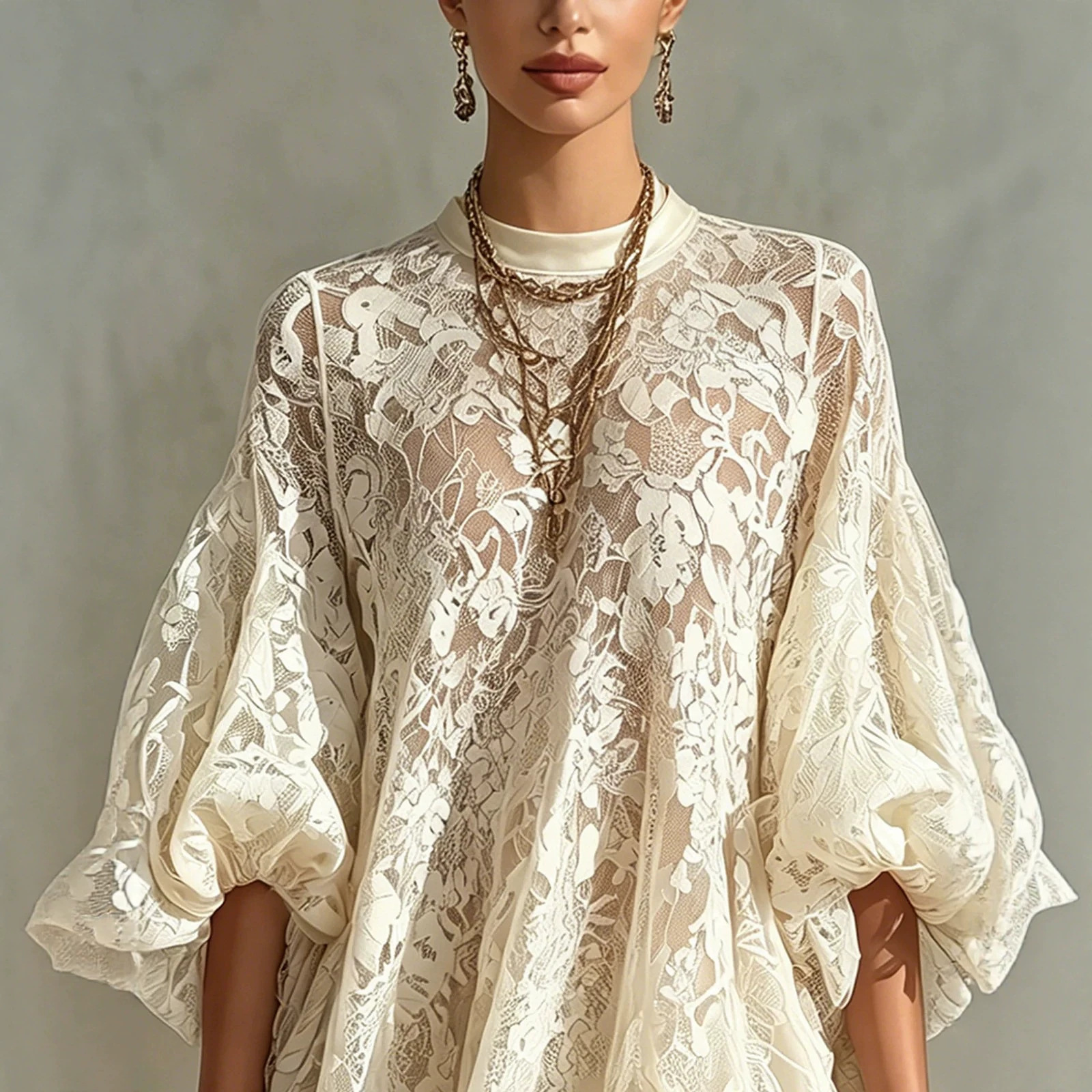 Lace Loose Midi Dress with Lantern Sleeves for Summer Beach Vacation