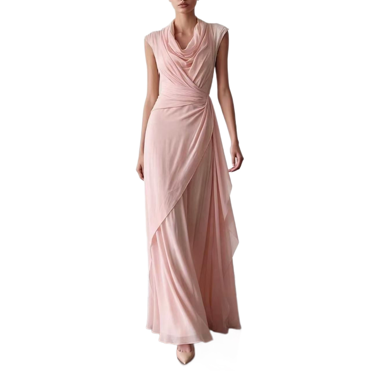 Women's Draped Neck Sleeveless Ruched Chiffon Maxi Dress