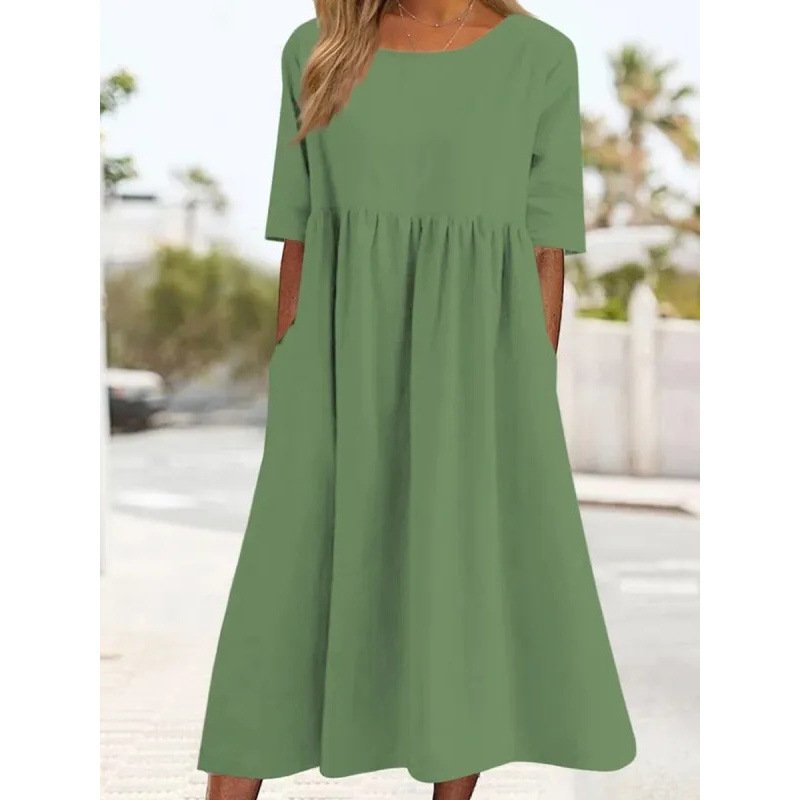 Women's Cotton Linen Round Neck Half Sleeve Loose Long Solid Dress