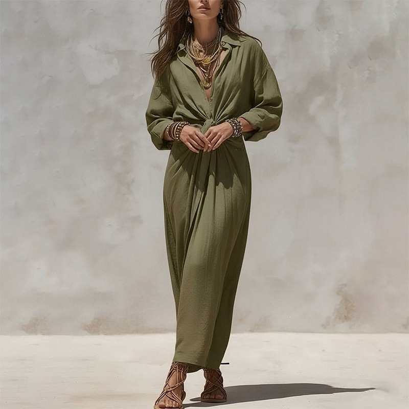 Women's Casual Solid Shirt-Collar Long Dress Single-Breasted Pleated Long-Sleeve