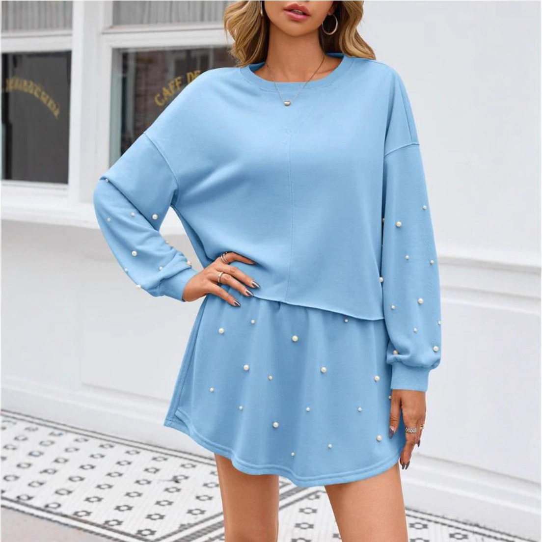 Women's Summer Long Sleeve Round Neck Solid Pearl Two-Piece Set