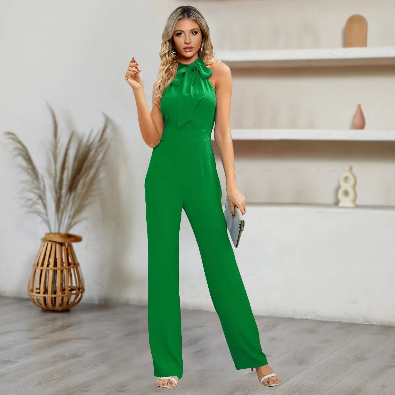 Sexy Slim-Fit Sleeveless Stand-Collar Bow Straight-Leg Jumpsuit