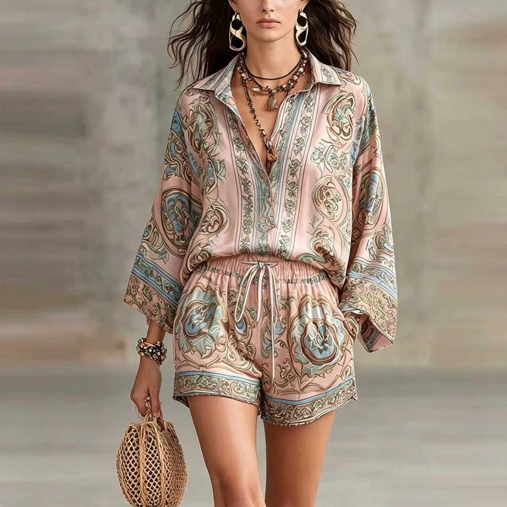 Women's Printed Long Sleeve Shorts Two-Piece Set Casual Polo Shirt Outfit