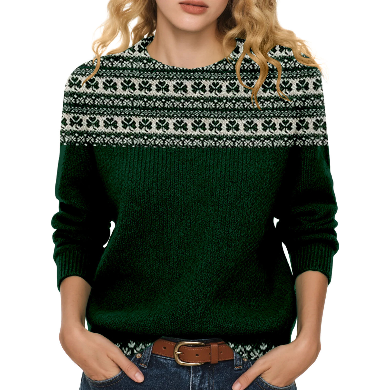 Lucky Clover Print Crewneck Sweatshirt for Women Casual Pullover