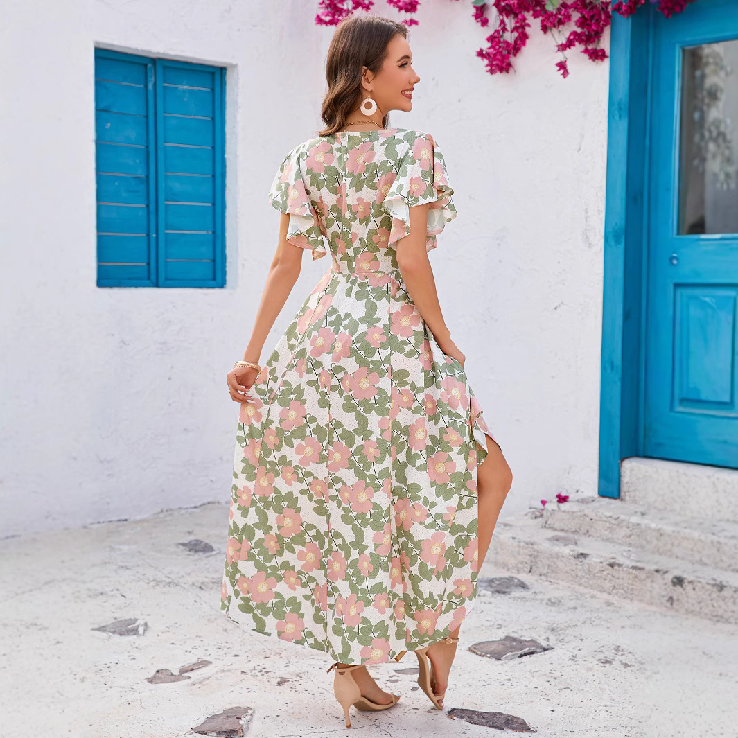 Floral Print V-Neck Ruffle Short Sleeve Slim Fit Flared Midi Dress