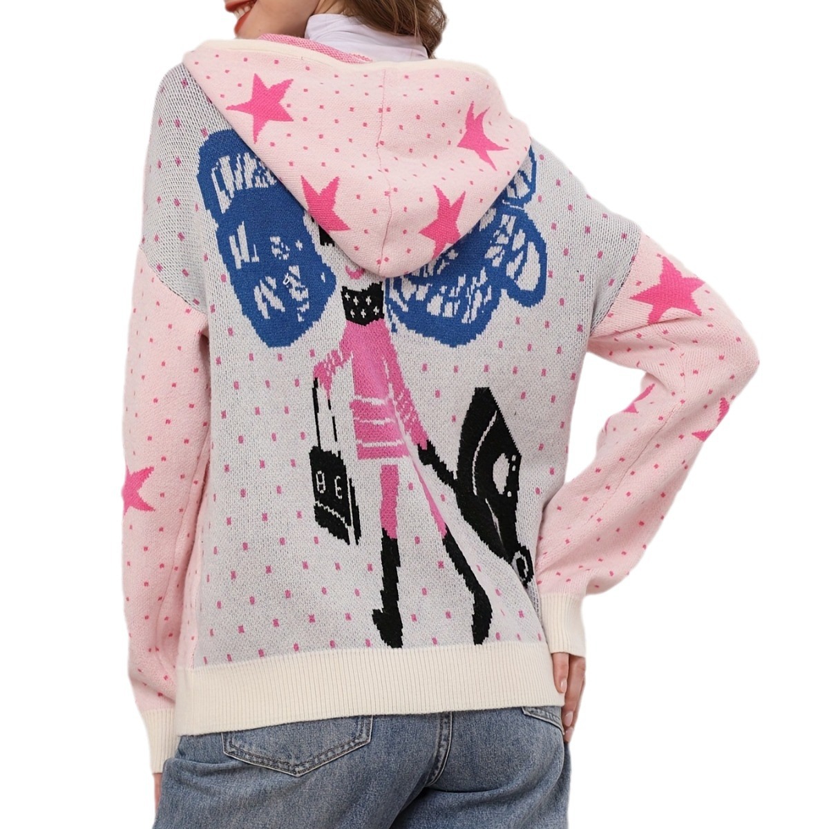 Women's Chunky Knit Hooded Zip Cardigan Sweater with Double-Sided Jacquard Color-Block