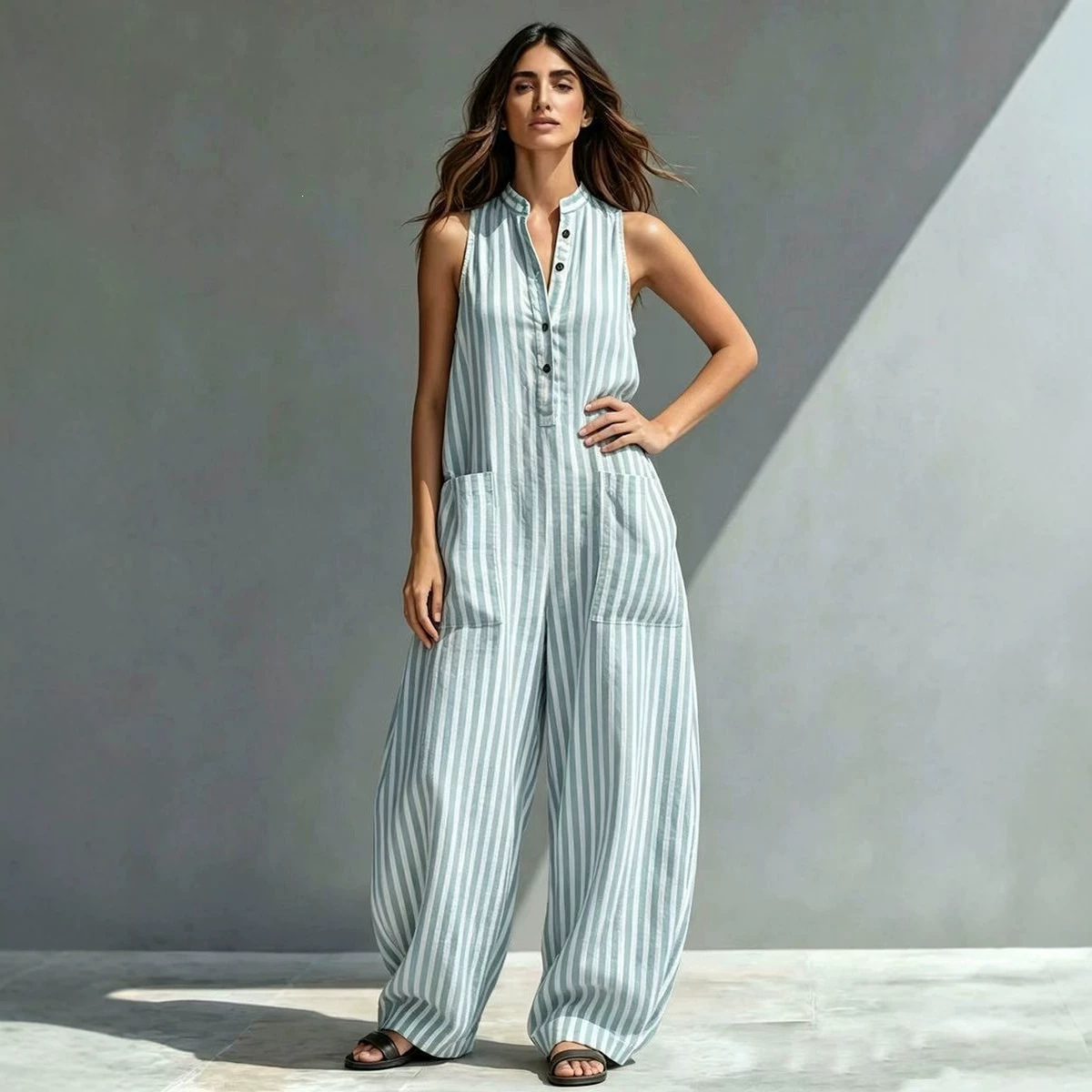 Summer Striped Print Sleeveless Wide-Leg Jumpsuit
