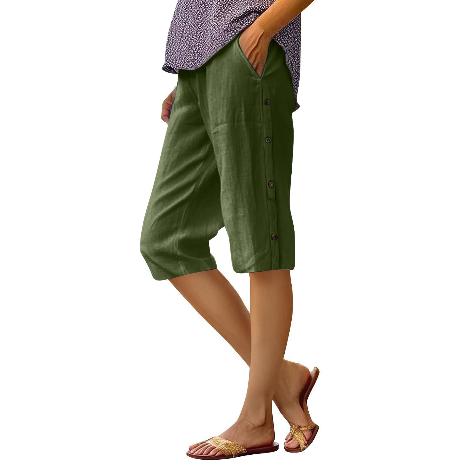 Cotton-Linen Cropped Pants with Side Button Detail and Pockets