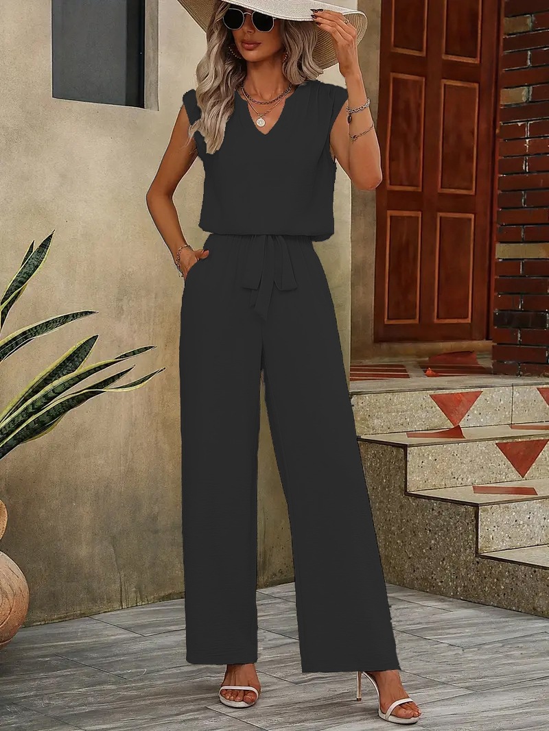 Solid Sleeveless V-Neck Loose Top and Tie-Waist Wide-Leg Pants Casual Women's Set