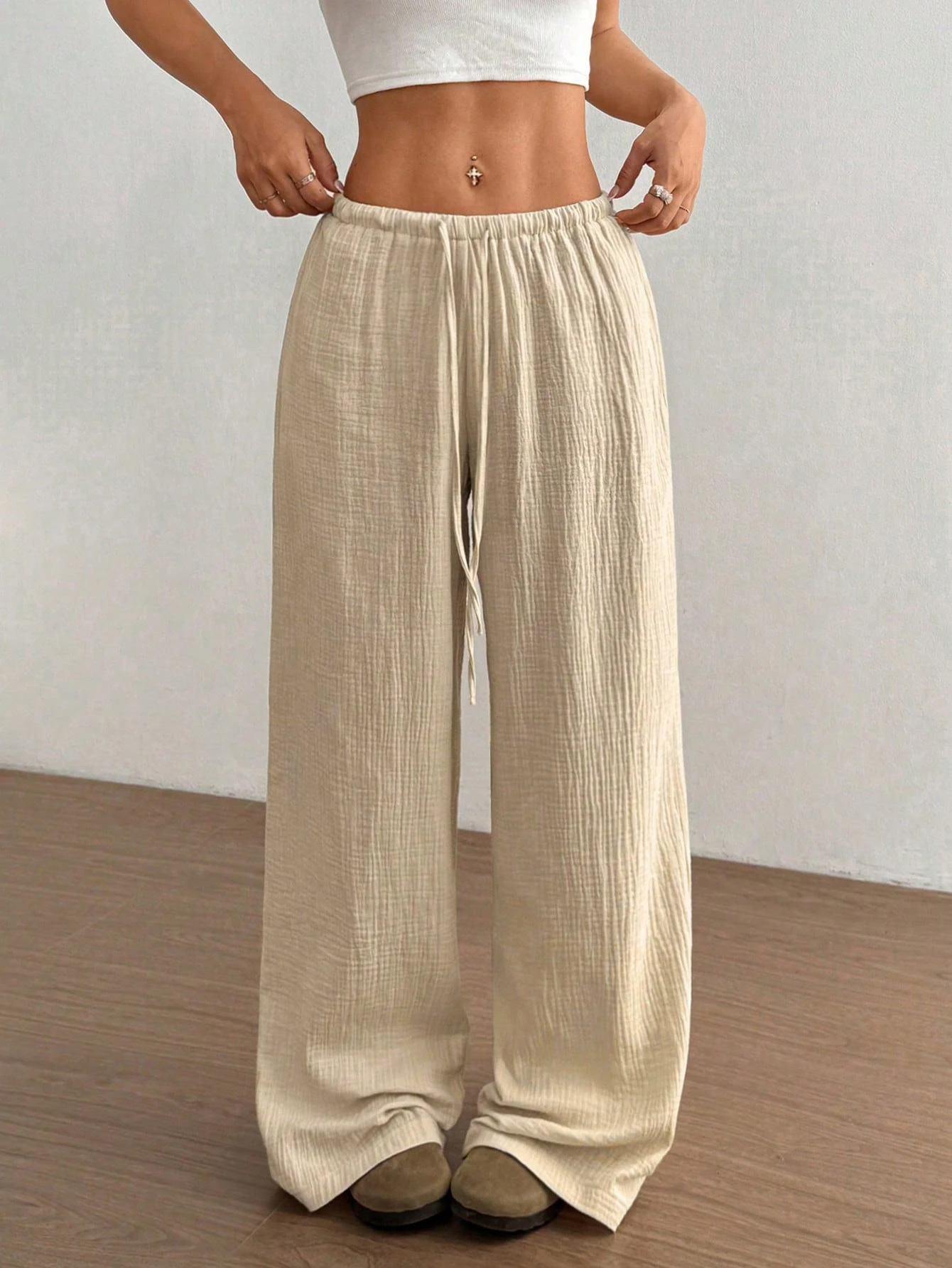 Women's Pure Cotton Solid Color Wide-Leg Floor-Length Pants