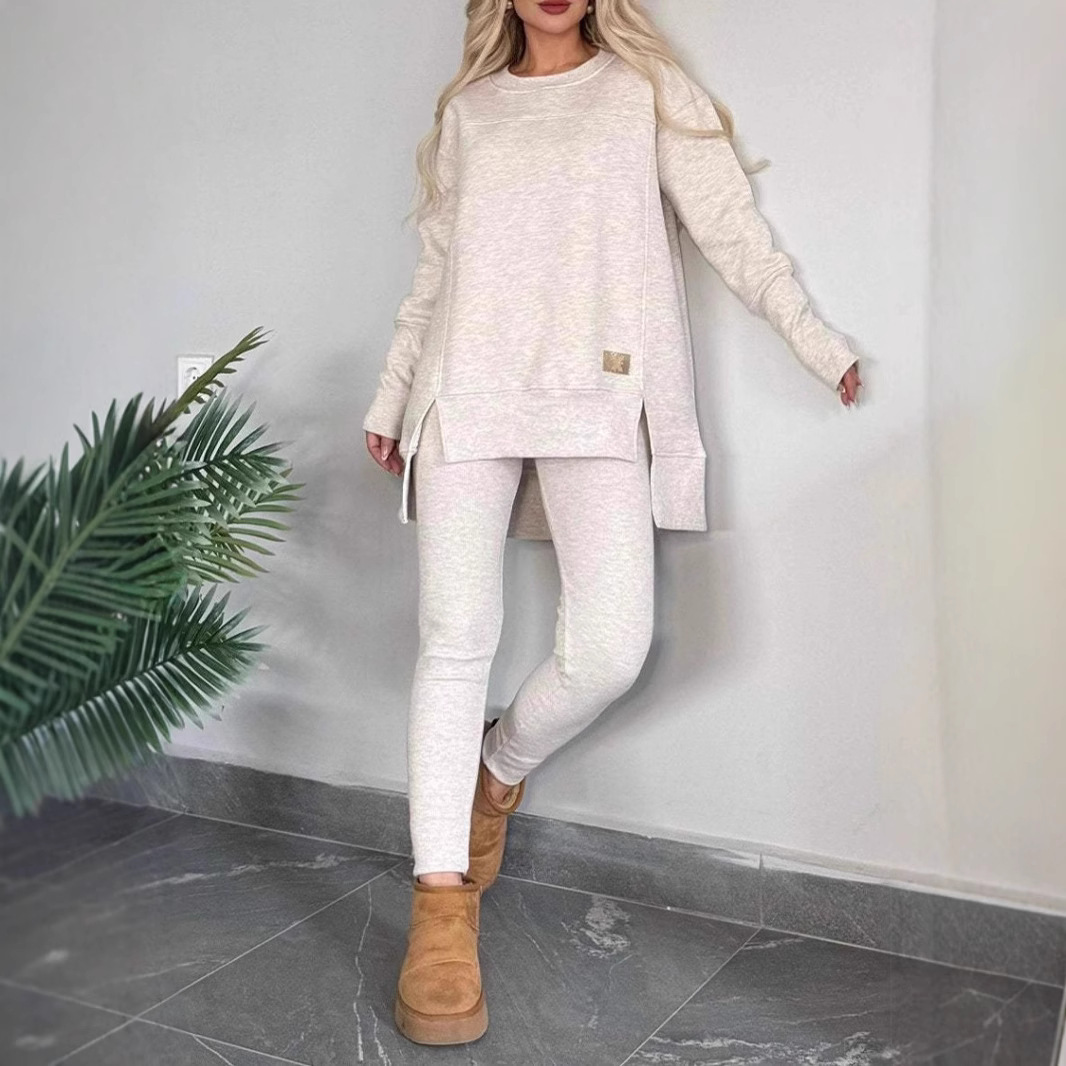 Women's Casual Solid Color Long Sleeve Round Neck Slit Top Set